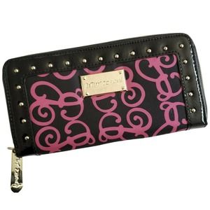 BETSEY JOHNSON Betsey's Brocade studded zip around wallet black fuchsia NEW